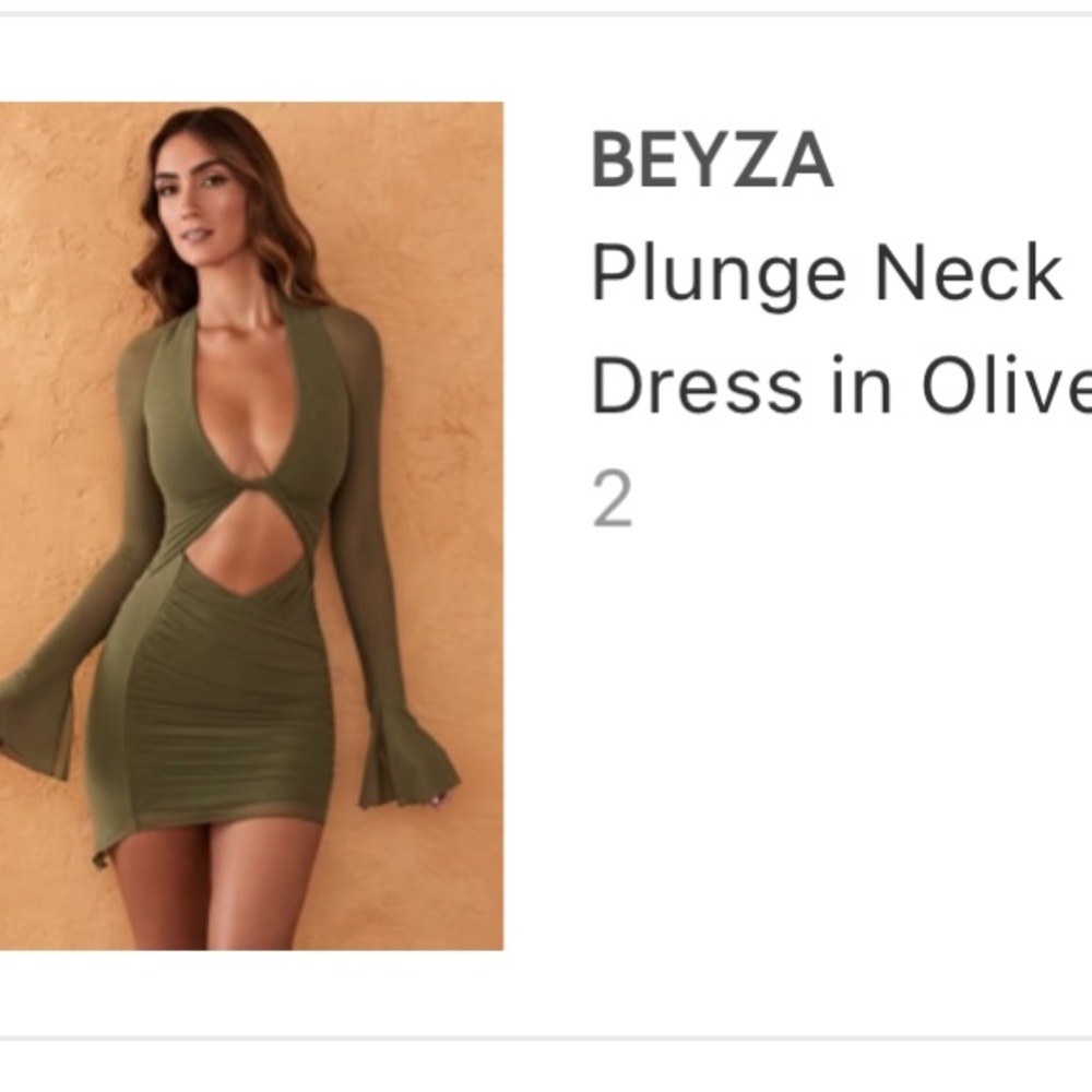 Oh Polly Beyza Plunge Neck Long Sleeve Mini Dress in Olive
